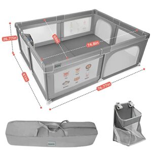 Cowiewie Baby Playpen 76.77x 61.02x26.77 inch Extra Large Playpen with Hanging Basket, Safety Gate Playpen with Breathable Mesh and Prints, Kids Activity Center, Playpen for Babies and Toddlers