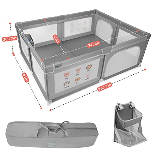 Cowiewie Baby Playpen 76.77x 61.02x26.77 inch Extra Large Playpen with Hanging Basket, Safety Gate Playpen with Breathable Mesh and Prints, Kids Activity Center, Playpen for Babies and Toddlers