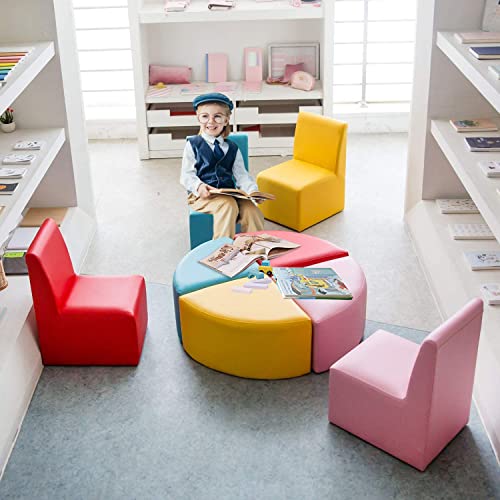 AIIT Kinlife Kids Table and Chair Set - 8PCS Soft Foam & PVC Seating Set Sofa Toddler Stools Colorful Table for Preschool Playroom Classroom Daycare