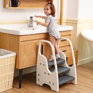 3 Step Stool for Toddler,Kids Three Step Stool for Bathroom Sink or Kitchen Counter Standing Tower, Children Step Up Learning Helper with Safety Handles and Non-Slip Pads,Grey