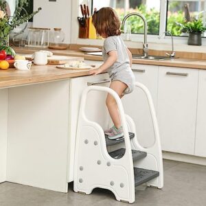 3 Step Stool for Toddler,Kids Three Step Stool for Bathroom Sink or Kitchen Counter Standing Tower, Children Step Up Learning Helper with Safety Handles and Non-Slip Pads,Grey