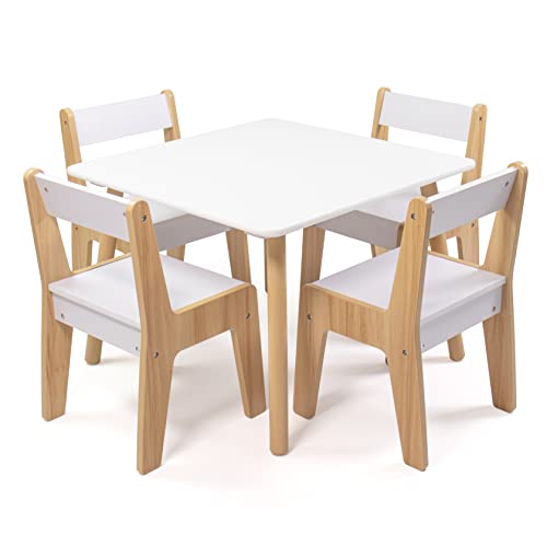 Humble Crew, White/Natural Modern Wood Kids Table and 4 Chairs Set