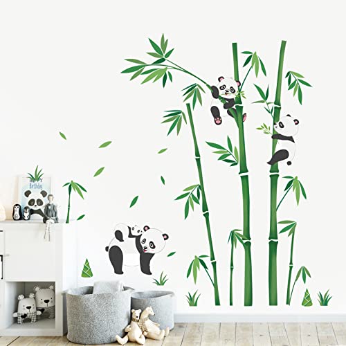 wondever Panda and Bear Wall Stickers Bamboo Green Plants Peel and Stick Wall Art Decals for Baby Nursery Kids Bedroom (H: 46 inches)