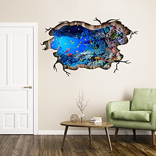 3D Under The Sea Fish Floor Wall Decals, FODIENS Ocean Sea Life Wall Stickers, Removable Peel and Stick Waterproof DIY Wall Art Decal for Kids Room Nursery Living Room Bathroom Playroom