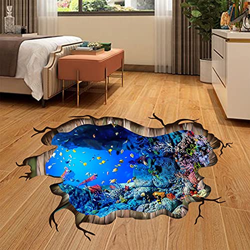 3D Under The Sea Fish Floor Wall Decals, FODIENS Ocean Sea Life Wall Stickers, Removable Peel and Stick Waterproof DIY Wall Art Decal for Kids Room Nursery Living Room Bathroom Playroom