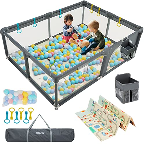 HEAO 79x59 Baby Playpen Extra Large Playard with mat Playpen for Babies with Gate Baby Playpen Area for Indoor Outdoor Grey