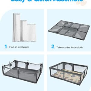 HEAO 79x59 Baby Playpen Extra Large Playard with mat Playpen for Babies with Gate Baby Playpen Area for Indoor Outdoor Grey