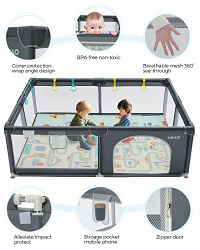 HEAO 79x59 Baby Playpen Extra Large Playard with mat Playpen for Babies with Gate Baby Playpen Area for Indoor Outdoor Grey