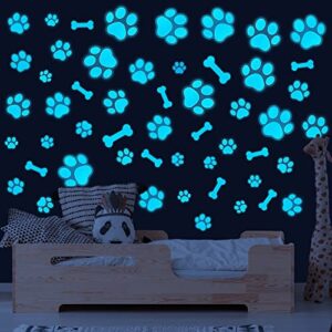 dog paw print stickers glow in the dark wall decals pup dog room decor stickers vinyl dog paw bone wall decals removable animal footprint decal for kids boys girls bedroom nursery floor ceiling decor (sky blue)