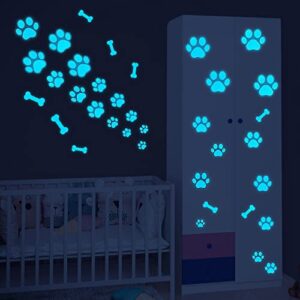 Dog Paw Print Stickers Glow in The Dark Wall Decals Pup Dog Room Decor Stickers Vinyl Dog Paw Bone Wall Decals Removable Animal Footprint Decal for Kids Boys Girls Bedroom Nursery Floor Ceiling Decor (Sky blue)