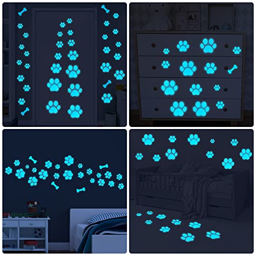 Dog Paw Print Stickers Glow in The Dark Wall Decals Pup Dog Room Decor Stickers Vinyl Dog Paw Bone Wall Decals Removable Animal Footprint Decal for Kids Boys Girls Bedroom Nursery Floor Ceiling Decor (Sky blue)