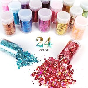 Chunky and Fine Glitter Mix, Estanoite 24 Colors Sequins & Fine Glitter Powder Mix, Holographic Glitter Flakes, Cosmetic Face Body Eye Hair Nail Art Resin Tumbler Iridescent Glitter Loose Glitter