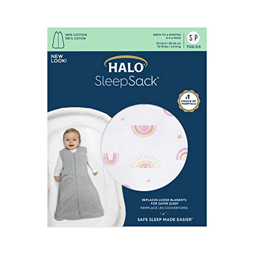 HALO Sleepsack, 100% Cotton Wearable Blanket, Swaddle Transition Sleeping Bag, TOG 0.5, Sunshine Rainbows, Large