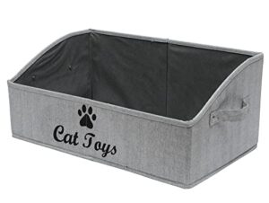geyecete large cat toy box storage box - foldable cotton and linen trapezoid organizer boxes with handle, collapsible basket for cat toys-cat-striped gray