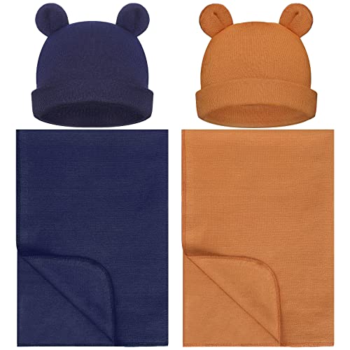 Geyoga 2 Sets Newborn Infant Swaddle Hat Infant Bear Ear Beanie Baby Receiving Blankets Newborn Swaddle Wrap Hospital Receiving Blankets for 0-6 Mouths Unisex Baby Boys Girls (Navy Blue, Camel)