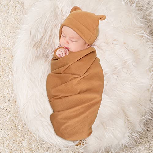 Geyoga 2 Sets Newborn Infant Swaddle Hat Infant Bear Ear Beanie Baby Receiving Blankets Newborn Swaddle Wrap Hospital Receiving Blankets for 0-6 Mouths Unisex Baby Boys Girls (Navy Blue, Camel)