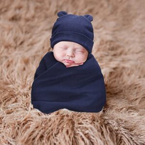 Geyoga 2 Sets Newborn Infant Swaddle Hat Infant Bear Ear Beanie Baby Receiving Blankets Newborn Swaddle Wrap Hospital Receiving Blankets for 0-6 Mouths Unisex Baby Boys Girls (Navy Blue, Camel)