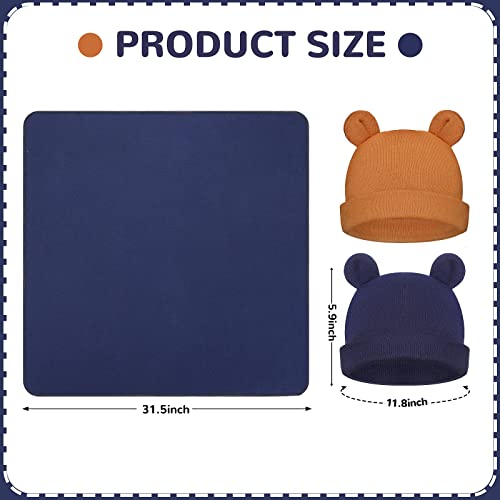 Geyoga 2 Sets Newborn Infant Swaddle Hat Infant Bear Ear Beanie Baby Receiving Blankets Newborn Swaddle Wrap Hospital Receiving Blankets for 0-6 Mouths Unisex Baby Boys Girls (Navy Blue, Camel)