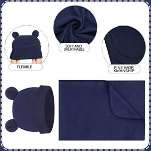 Geyoga 2 Sets Newborn Infant Swaddle Hat Infant Bear Ear Beanie Baby Receiving Blankets Newborn Swaddle Wrap Hospital Receiving Blankets for 0-6 Mouths Unisex Baby Boys Girls (Navy Blue, Camel)