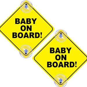 2pcs baby on board signs with suction cups, 5"x5" reusable baby safety warning decal for car windows