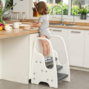 3-step stool with handrails for toddler and kids, standing learning tower for bathroom sink, potty training, children step up learning helper with handles and safety non-slip pads(gray)