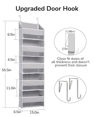 ULG 1 Pack Over Door Organizer with 5 Large Pockets 10 Mesh Side Pockets, 44 lbs Weight Capacity Hanging Storage Organizer with Clear Window for Kids Toys, Shoes, Diapers, Grey, 5 Layer