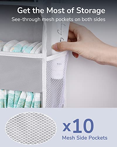 ULG 1 Pack Over Door Organizer with 5 Large Pockets 10 Mesh Side Pockets, 44 lbs Weight Capacity Hanging Storage Organizer with Clear Window for Kids Toys, Shoes, Diapers, Grey, 5 Layer