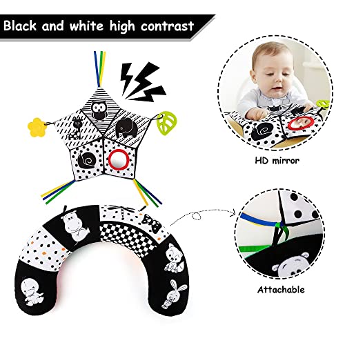 teytoy Tummy Time Pillow with Crinkle Mat & Teethers, Black and White High Contrast Baby Toys with Mirror, Montessori Sensory Crawling Toy for Infant Newborn Toddler Tummy Time Toys 0-6 Months Babies