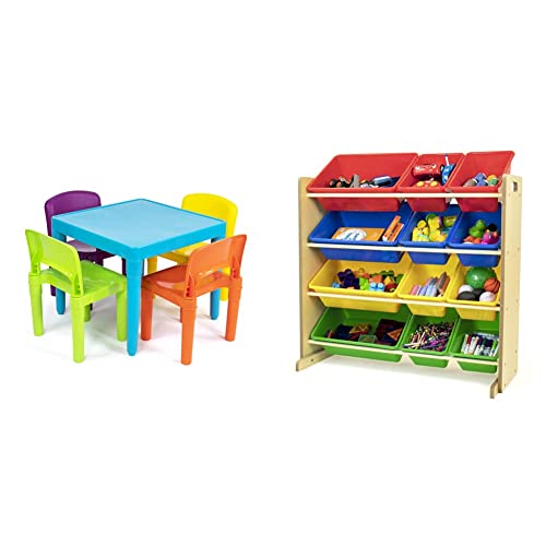 Humble Crew, Blue Table & Red/Green/Yellow/Purple Kids Lightweight Plastic Table and 4 Chairs Set, Square & Natural/Primary Kids' Toy Storage Organizer with 12 Plastic Bins