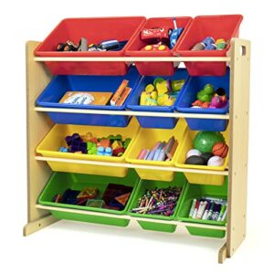 Humble Crew, Blue Table & Red/Green/Yellow/Purple Kids Lightweight Plastic Table and 4 Chairs Set, Square & Natural/Primary Kids' Toy Storage Organizer with 12 Plastic Bins