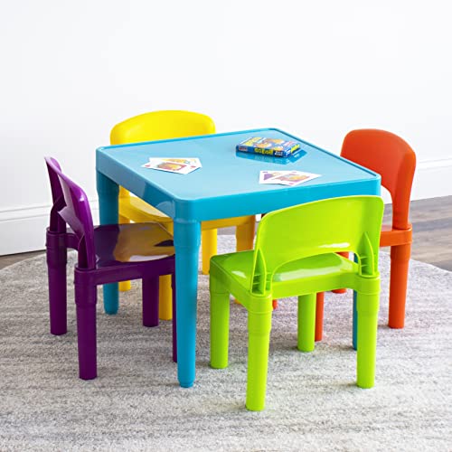 Humble Crew, Blue Table & Red/Green/Yellow/Purple Kids Lightweight Plastic Table and 4 Chairs Set, Square & Natural/Primary Kids' Toy Storage Organizer with 12 Plastic Bins