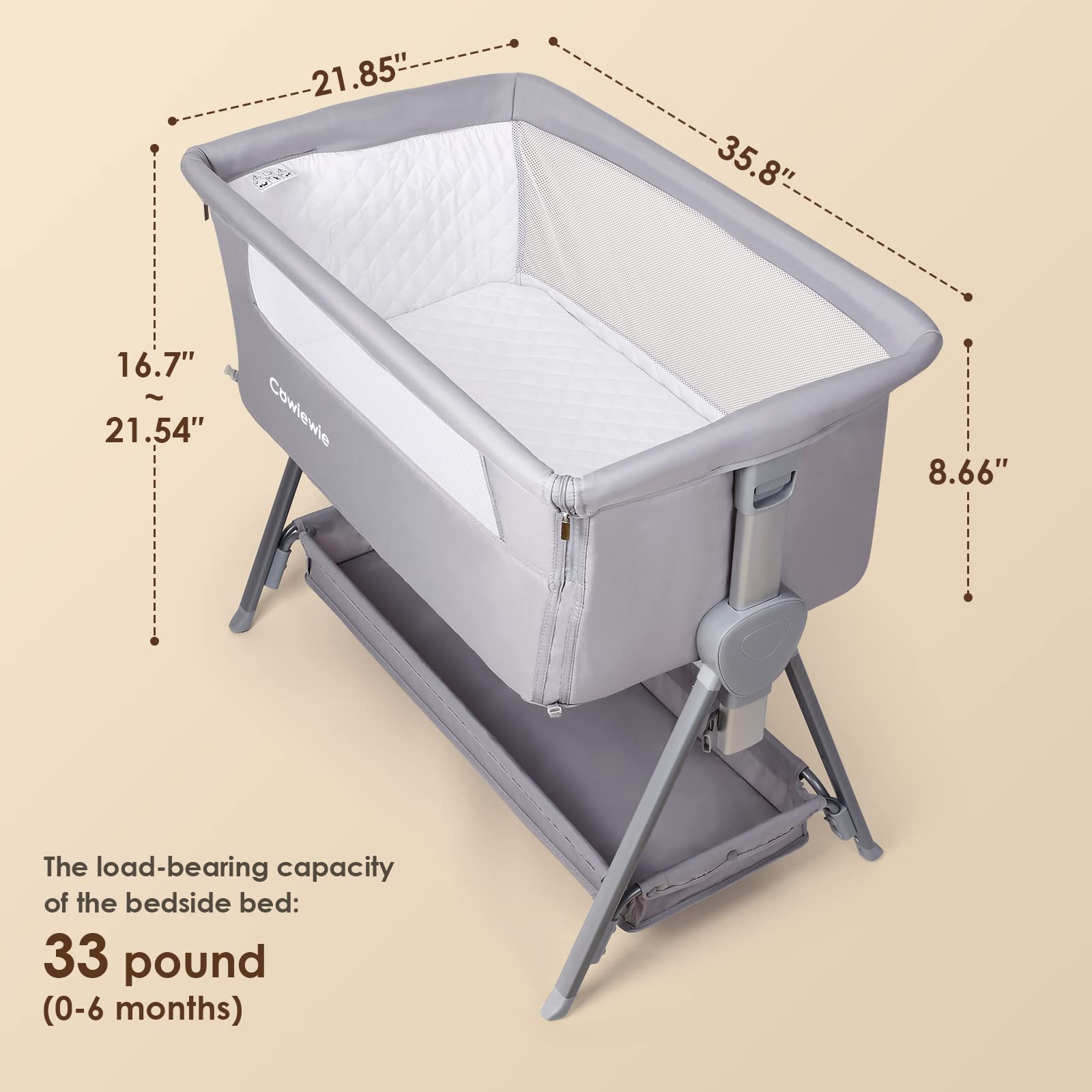 Cowiewie Baby Bassinet with Bed Mattress and Storage | 7-Levels Height Adjustable | Basket Beside Bassinet Sleeper Impact Cotton Protects Baby's Head and Feet