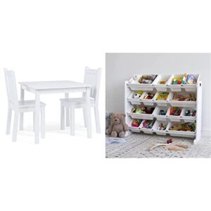humble crew, white kids wood square table and 2 chairs set & extra-large toy organizer, 16 storage bins, white/white