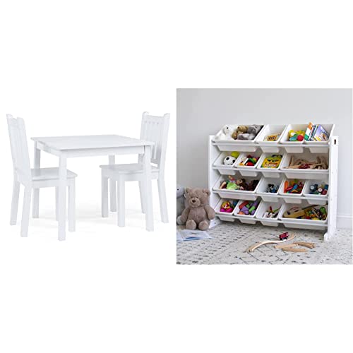 Humble Crew, White Kids Wood Square Table and 2 Chairs Set & Extra-Large Toy Organizer, 16 Storage Bins, White/White