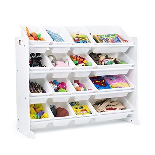 Humble Crew, White Kids Wood Square Table and 2 Chairs Set & Extra-Large Toy Organizer, 16 Storage Bins, White/White