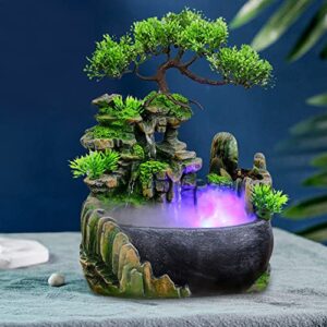 11" Desktop Waterfall Bonsai Mini Rock Fountain w/LED Lights & Atomizer, Small Artificial Bonsai Tabletop Decor Fountain Rockery, Desktop Fountain Waterfall for Indoor Outdoor Office Home Decor,Gift