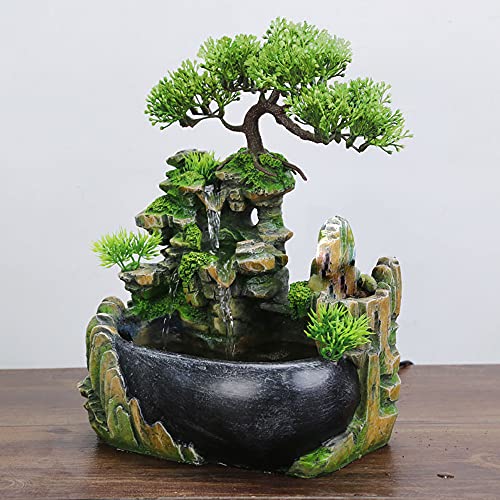 11" Desktop Waterfall Bonsai Mini Rock Fountain w/LED Lights & Atomizer, Small Artificial Bonsai Tabletop Decor Fountain Rockery, Desktop Fountain Waterfall for Indoor Outdoor Office Home Decor,Gift