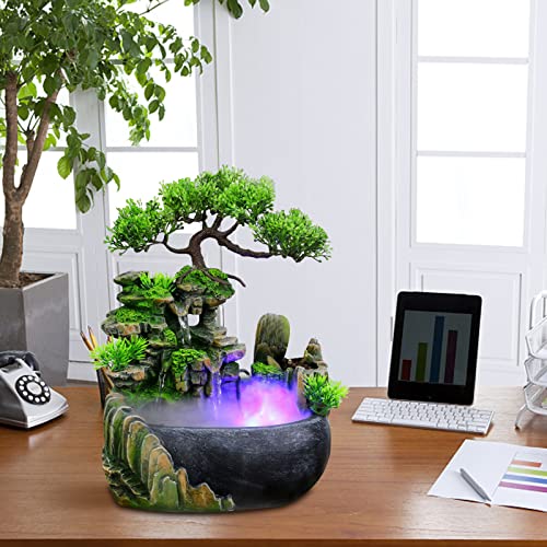 11" Desktop Waterfall Bonsai Mini Rock Fountain w/LED Lights & Atomizer, Small Artificial Bonsai Tabletop Decor Fountain Rockery, Desktop Fountain Waterfall for Indoor Outdoor Office Home Decor,Gift