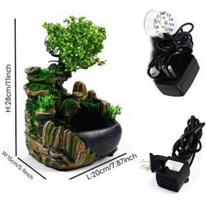 11" Desktop Waterfall Bonsai Mini Rock Fountain w/LED Lights & Atomizer, Small Artificial Bonsai Tabletop Decor Fountain Rockery, Desktop Fountain Waterfall for Indoor Outdoor Office Home Decor,Gift