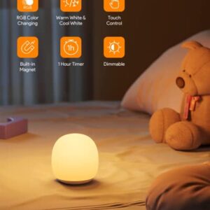 EASEMO Night Light for Kids Room, Baby Night Light with Touch Control, Rechargeable Magnetic Nursery Lamp with RGB Color & Stepless Dimming with 1 Hour Timer for Breastfeeding Bedroom, Child Gifts