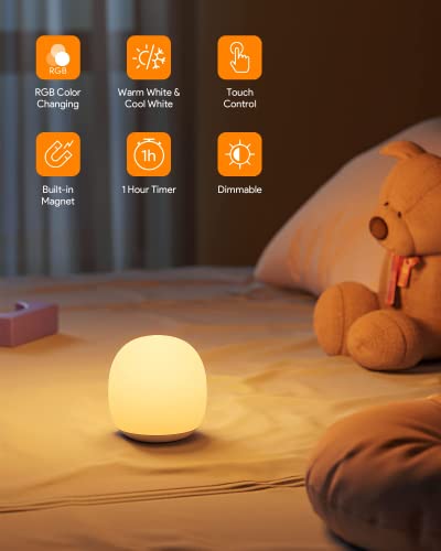 EASEMO Night Light for Kids Room, Baby Night Light with Touch Control, Rechargeable Magnetic Nursery Lamp with RGB Color & Stepless Dimming with 1 Hour Timer for Breastfeeding Bedroom, Child Gifts