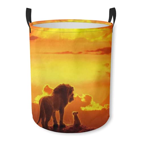 Generic Storage Basket,Lion Sunset Yellow Orange Sky Cartoon,Collapsible Large Laundry Hamper with Handles for Home Office 17.32InX13.58In, White 0