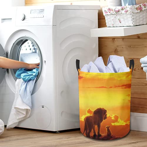 Generic Storage Basket,Lion Sunset Yellow Orange Sky Cartoon,Collapsible Large Laundry Hamper with Handles for Home Office 17.32InX13.58In, White 0