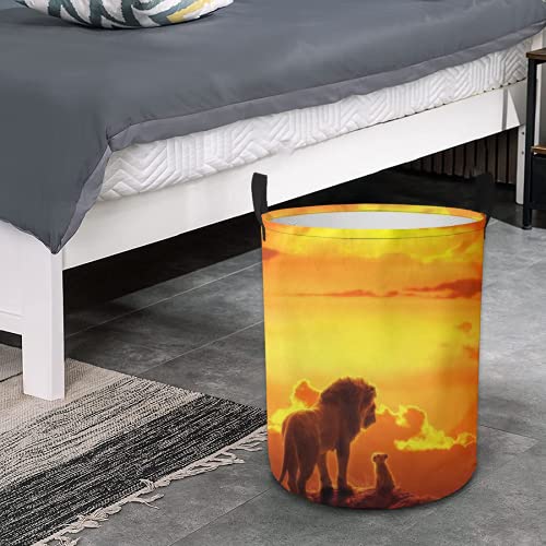 Generic Storage Basket,Lion Sunset Yellow Orange Sky Cartoon,Collapsible Large Laundry Hamper with Handles for Home Office 17.32InX13.58In, White 0
