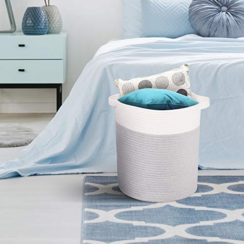 Syeeiex Rope Basket, 14''x 14''x 16'' Blanket Basket Woven Baskets for Storage, Tall Rope Baskets, Basket for Baby Toys, Clothes, Towels, Pillows, White & Grey