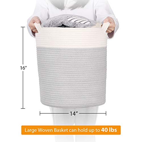 Syeeiex Rope Basket, 14''x 14''x 16'' Blanket Basket Woven Baskets for Storage, Tall Rope Baskets, Basket for Baby Toys, Clothes, Towels, Pillows, White & Grey