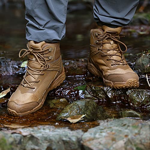 FREE SOLDIER Men's Waterproof Hiking Boots Lightweight Work Boots Military Tactical Boots Durable Combat Boots(Brown, 7.5 US)