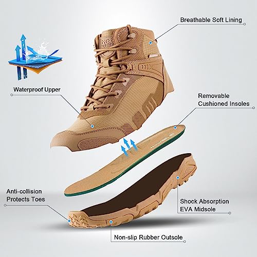 FREE SOLDIER Men's Waterproof Hiking Boots Lightweight Work Boots Military Tactical Boots Durable Combat Boots(Brown, 7.5 US)