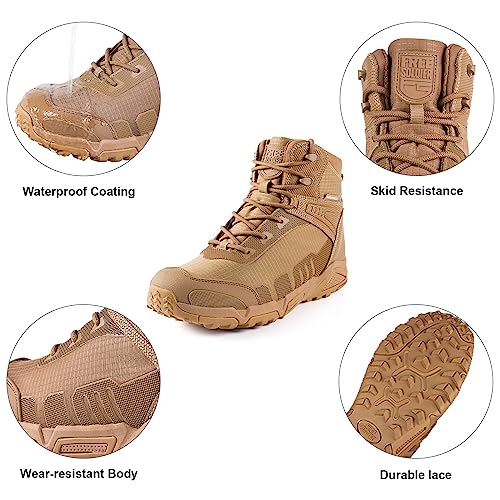 FREE SOLDIER Men's Waterproof Hiking Boots Lightweight Work Boots Military Tactical Boots Durable Combat Boots(Brown, 7.5 US)