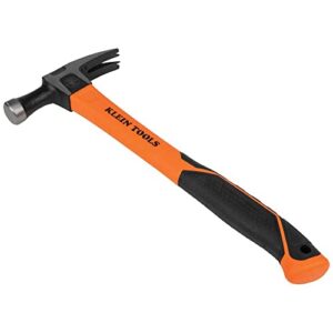 klein tools h80718 straight-claw 18-ounce hammer with smooth head, fiberglass non-slip shock absorbing grip handle with tether hole, 15-inch